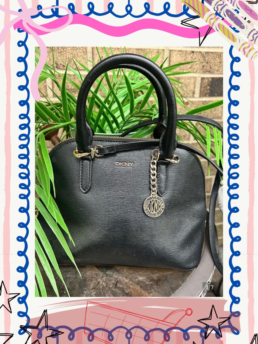 DKNY Black Saffiano-Style Dome Satchel with Gold Hardware